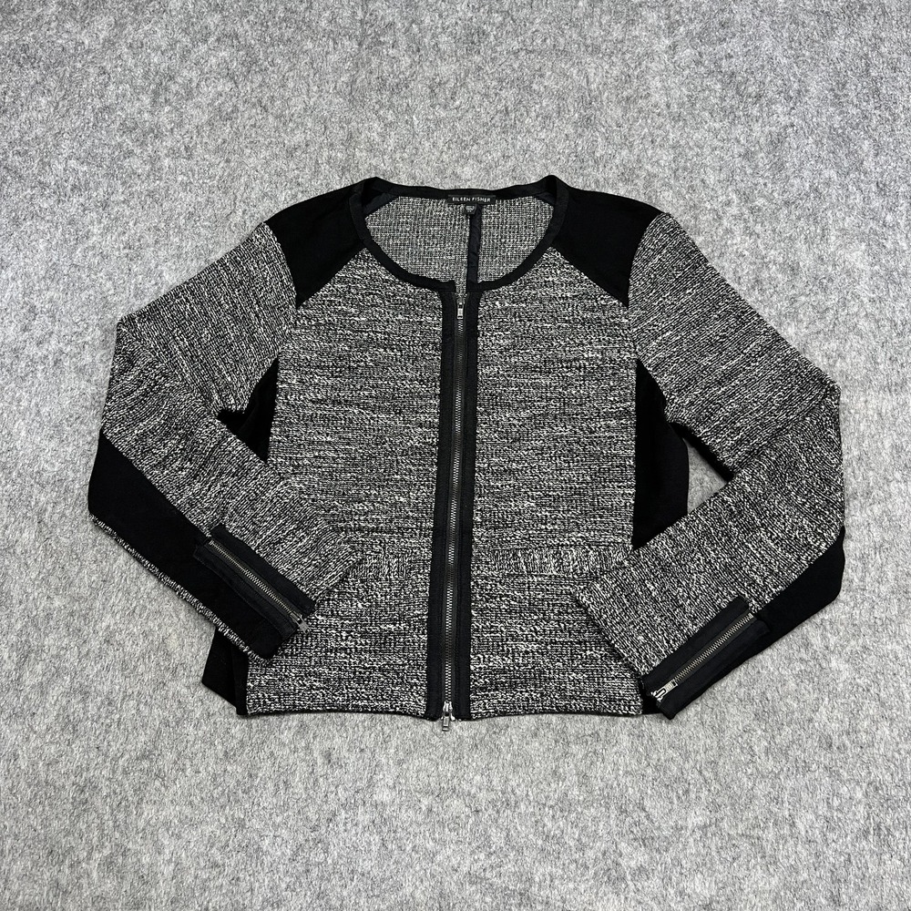 Eileen Fisher Jacket Womens XS Black Textured Knit Zip Front Pockets Italian
